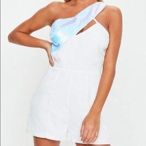 White Sequin One-Shoulder Romper
